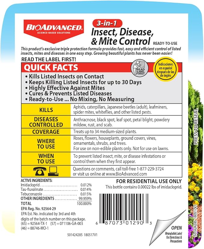 BioAdvanced 3-In-1 Insect, Disease and Mite Control, Fungicide, Ready-to-Use, 24 oz