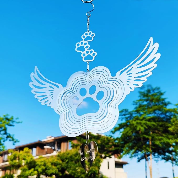 Pet Memorial Wind Spinners, Dog Memorial Gifts,Stainless Steel Angel Wings Pet Paw Print,Dogs and Cats Remembrance, Pet Sympathy,Pet Loss Bereavement Gifts