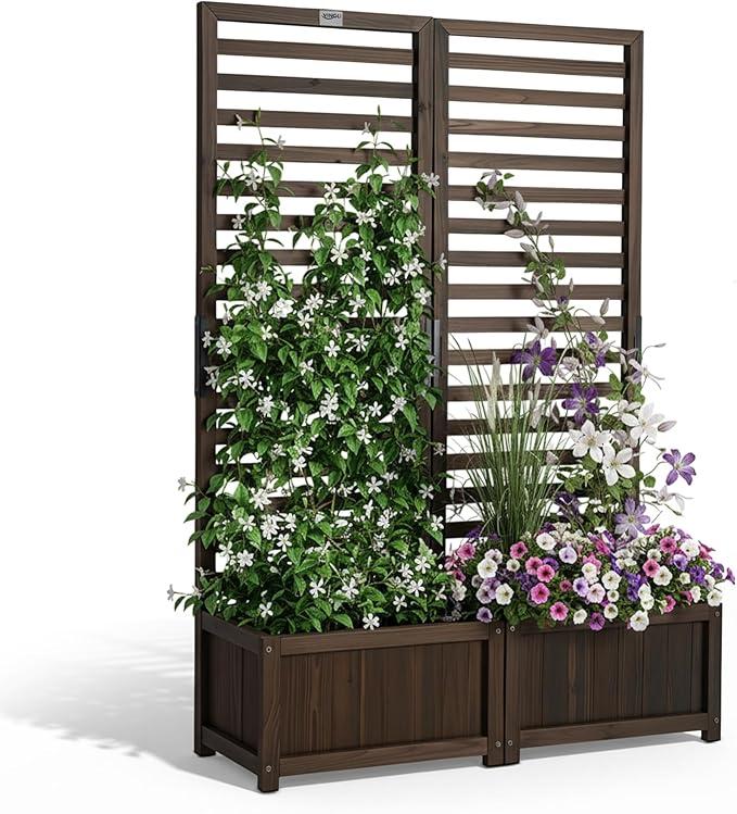 VINGLI Wooden Planter with Trellis, 51" Height Elevated Garden Beds Outdoor, FreeStanding Planter Box with Drainage Holes for Flower, Vegetable, Fruit, Herb in Garden, Patio, Balcony - 2PCS