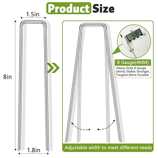 Heavy Duty 8 Inch Galvanized Landscape Staples Stakes, DUNPUTE 50 Pack 8 Gauge Garden Metal Stakes, Ideal for Weed Barrier Stakes, Drip Irrigation Tubing, Landscape Fabric, Lawn and Ground Securing