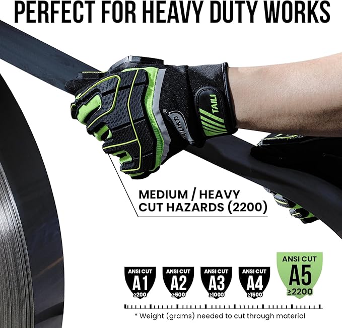 TAILI Heavy Duty Level 5 Puncture and Cut Resistant Gloves for Men Work, 3D PVC Level 1 Impact Protection, Anti Vibration Motorcycle Safety Gloves, Touchscreen, Breathable and Machine Washable, Small