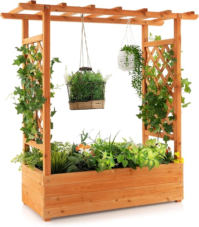 S AFSTAR Raised Garden Bed with Arch Trellis, Wood Planter Box with Hanging Roof, Side Trellis, 4 Drainage Holes, Above Ground Elevated Garden Bed for Outdoor Climbing Plants Vines Patio