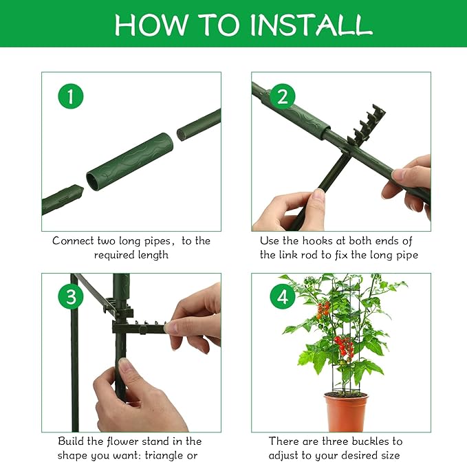 4 Packs Large Tomato Cages for Garden up to 6.5ft Heavy Duty Tomato Plant Trellis with 80 Clips Assembled Plant Support Cages with Adjustable Stake Arms for Vegetables, Climbing Plants (Green)