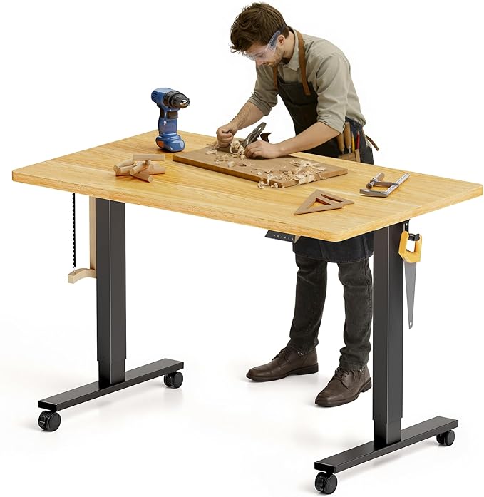 FLEXISPOT Electric Adjustable Workbench, 48x30 Inches Ergonomic Worktable with Wheels for Garage, Workshop, Office and Home, Spacious Desktop for Woodworking Sewing and Crafts, Maple, 3 Packages