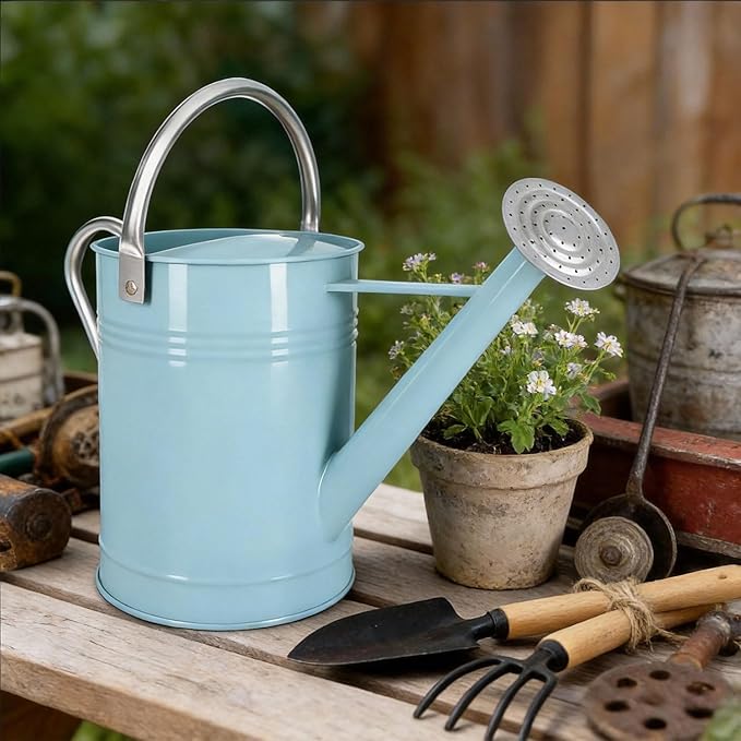 Metal Watering Can for Outdoor Plants, 1.7 Gallon Light Blue Garden Watering Can for Flower, Houseplants, Galvanized Finish
