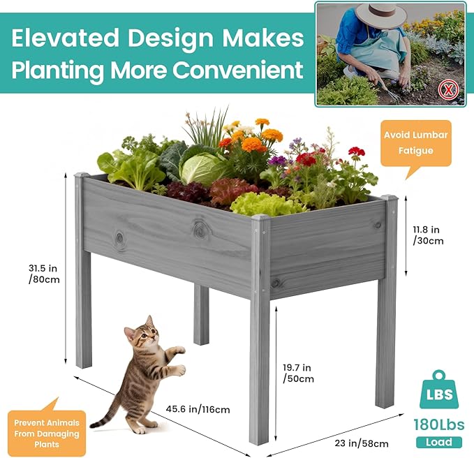 SUNYRISY Wooden Raised Garden Bed Outdoor with Legs for Gardening, 45.6" L x 23.6" W x 31.5" H Elevated Planter Garden Box Raised Bed for Planting Vegetable Flower Herb, Gray