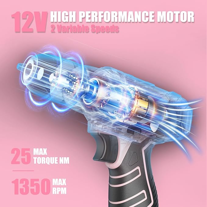 Sundpey Home Tool Kit with Drill - 206PCs Pink Tool Kit with 12V Cordless Power Drill for Household Repair - Portable Basic Pink Tool Box for Women with DIY Hand Tool Set(Screwdrivers & Pliers)