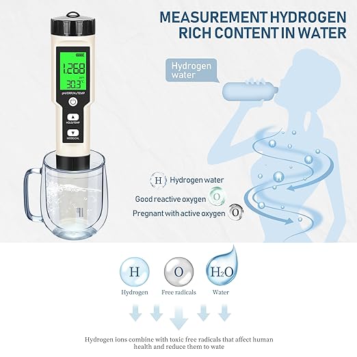 Hydrogen Water Tester 4 in 1 PH,H2,ORP&Temp,pH Meter ORP Meter Hydrogen Tester for Water with ATC & Backlight,Accurate Hydrogen Water ppb/ppm Meter