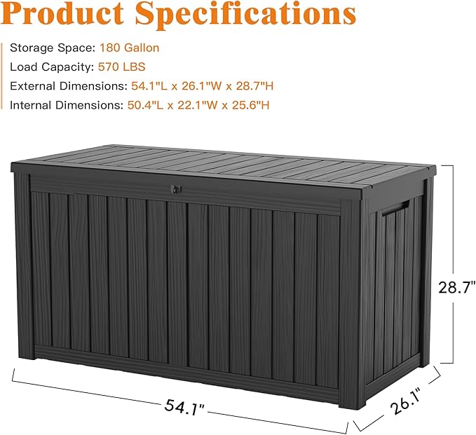 180 Gallon Outdoor Large Storage Box, Waterproof & UV-Resistant, Lockable Large Storage Bins with lids & Handles, Deck Box for Garden Tools, Package Delivery Box for Outside, for Yard, Pool