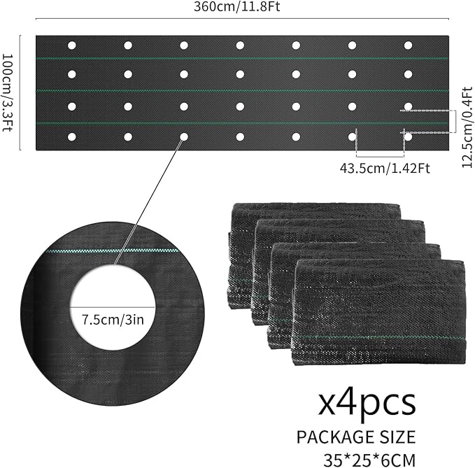 4Pcs Weed Barrier Landscape Fabric with 3'' Planting Holes,Garden Weed Barrier Fabric 3.3 Ft X 11.8 Ft Heavy Duty Weed Block Gardening Mat Soil Erosion Control and UV Stabilized
