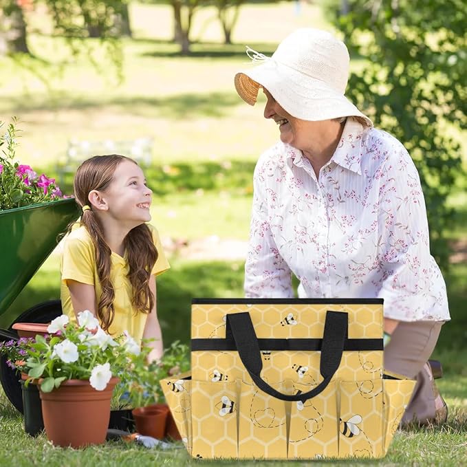 Honeycomb Bee Garden Tool Bag for Women Waterproof & Reusable Heavy Duty Gardening Tote Storage Organizer Toiletry Bag with 10 Pockets for Garden Lawn Yard Casual Camp