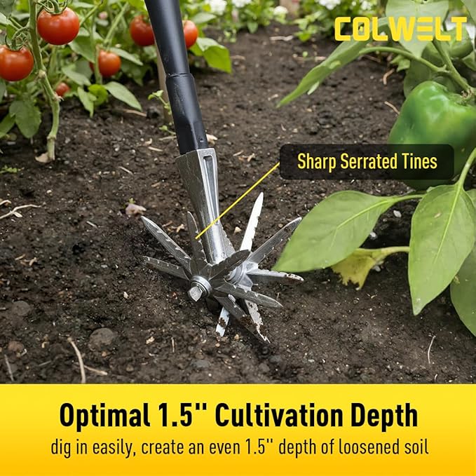 Colwelt Manual Rotary Cultivator, Single-Tine Aluminum Cultivators for Gardening, Garden Hand Tiller Manual with Ergo Wooden t-Handle, Hand Held Cultivator Tool For Flower Beds Cultivate, Aerate, Weed