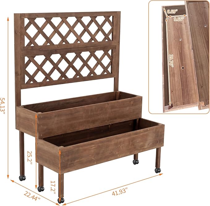 Garvee Raised Garden Bed with Trellis & Wheels, 2-Tier Outdoor Wooden Elevated Planter Box with Legs & Drainage Holes, Vertical Planter Box Stand for Backyard, Patio, Balcony, Brown