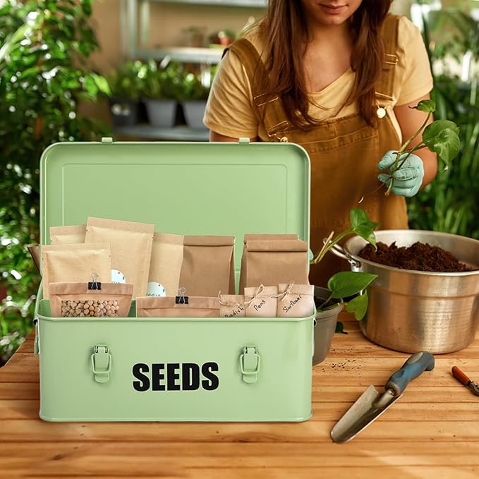 Seed Storage Organizer Box with 4 Compartments, Large Metal Seed Packet Container with Lid & Safety Locks, Garden Seed Bin for Saving Seeds with 50 Plant Labels, 20 Envelopes