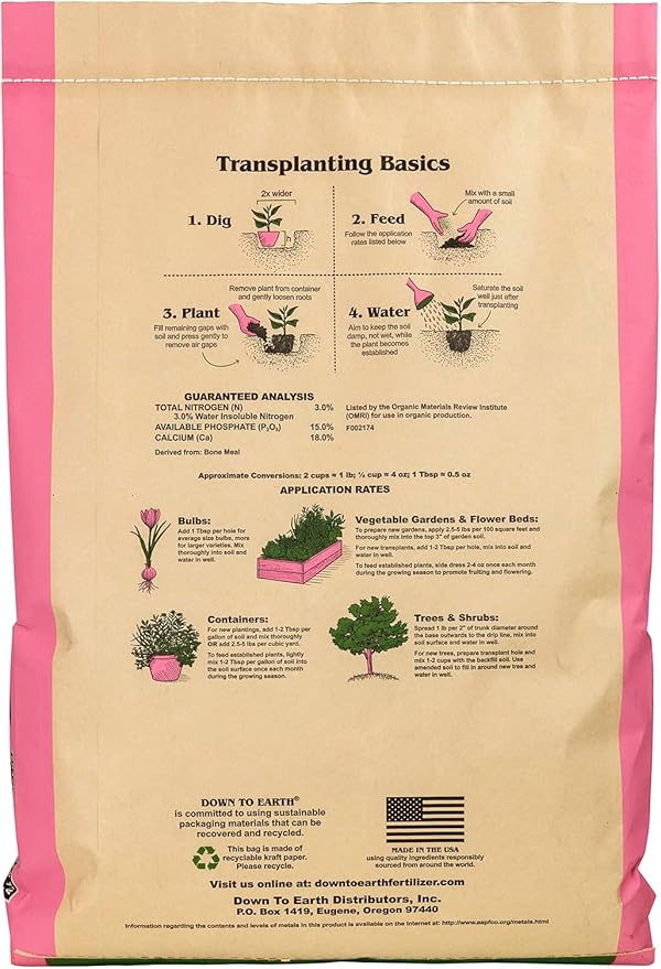 Down To Earth All Natural Fertilizers Organic Bone Meal - High Phosphorus Plant Food for Buds, Bulbs, Blooms, Flowers 3-15-0, 25 lb