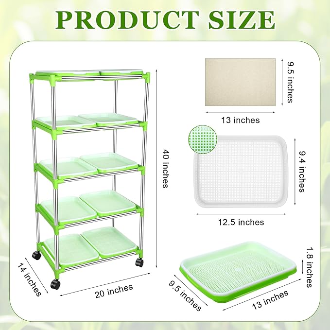 Menkxi 5 Layers Seed Sprout Tray Shelf Microgreens Growing Kit 10 Pcs Healthy Wheatgrass Seeds Grower with Drain Holes and 60 Sheets Germinating Paper for Garden Home Office