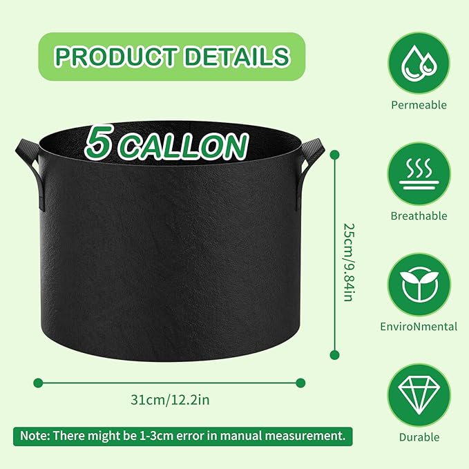 Grow Bags (3-Pack) - Heavy Duty Fabric Pots for Vegetables, Fruits, Flowers, Plants | Aeration Fabric Prevents Root Circling & Overwatering | Durable, Reusable (Round, 5 Gallon)