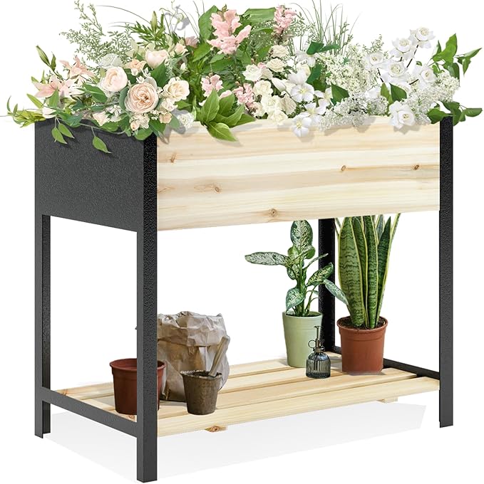 Raised Garden Bed with Legs, Metal & Wood Elevated Planter Box for Outdoor Plants, Vegetables, Flowers, Herbs, 4 Legs, 36(L) x18(W) x30(H) Inch Garden Bed for Outdoors