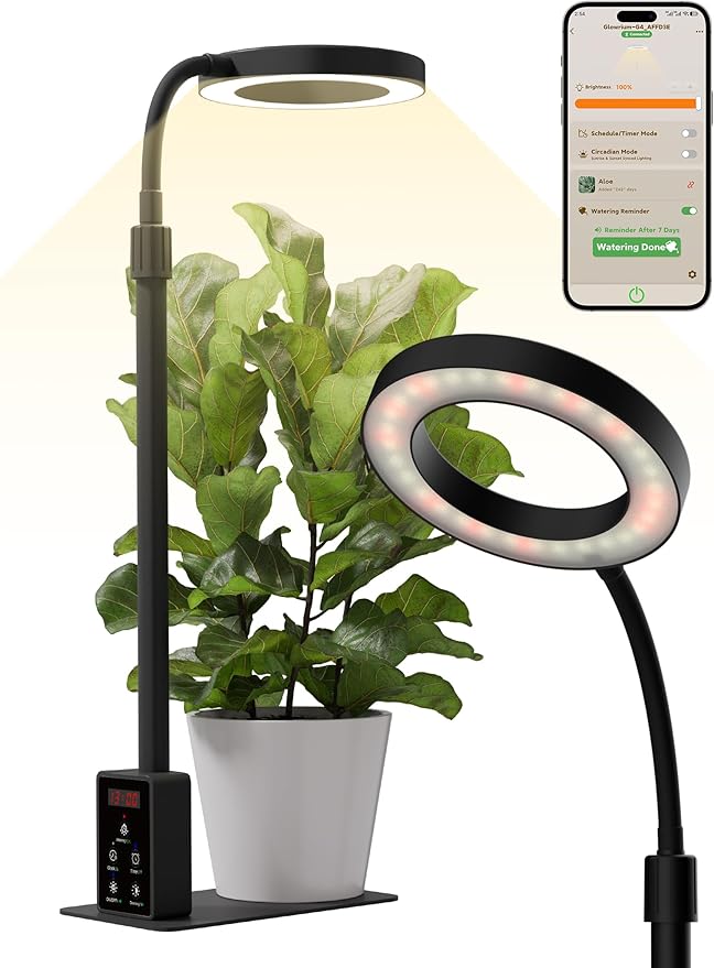 GLOWRIUM Smart LED Grow Lights for Indoor Plants G4, 12W Full Spectrum 3500K with Grow lamp, Bluetooth App Control, 10-Level Dimming, Gooseneck, Height Adjustable 16"-23", Auto Timer, (Black 12W)