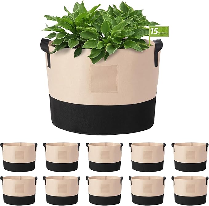 LITLANDSTAR 15 Gallon Fabric Grow Bags, 10 Pack Heavy Duty Thickened Nonwoven Plant Grow Bags with Handles and Label Bags, Fabric Plant Pots for Growing Vegetables Flowers Herbs (Black Mixed Camel)