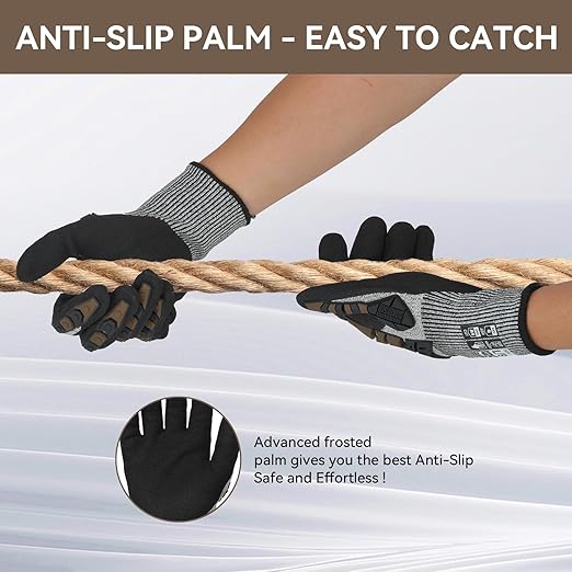 Safety Work Gloves, Impact Gloves for Men Women, Cut Resistant Non-Slip Heavy Duty Gloves with Nitrile Grip, Touch Screen Glove with Impact Protection for Mechanic Construction, Medium, Brown