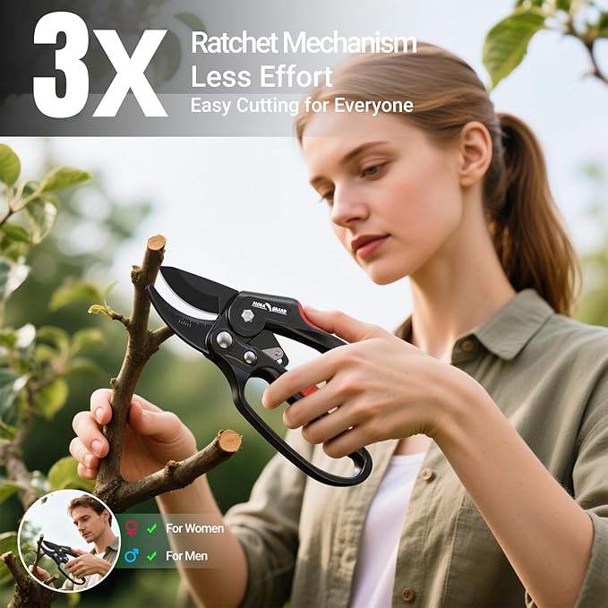 FLORA GUARD Ratchet Pruning Shears Heavy Duty – 3x Cutting Power Ratcheting Garden Pruners, Garden Clippers for Tree Branch & Gardening with Ergonomic Grip