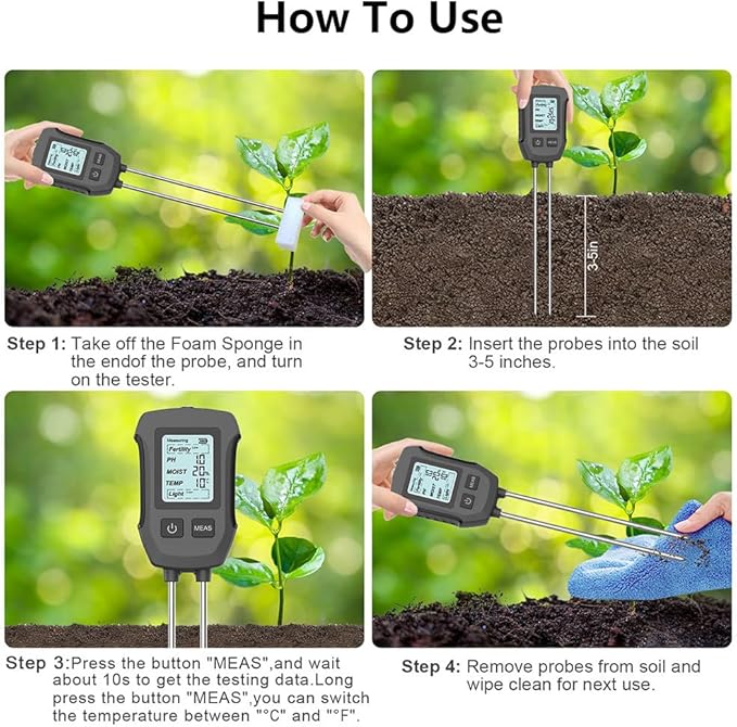 5 in 1 Soil Tester,Ph/Moisture/Temperature/Efficiency/Light Intensity Function,Dual Probe,Lcd Display,Digital Plant Soil Moisturemeter for Gardens,Farms,Outdoor Plants