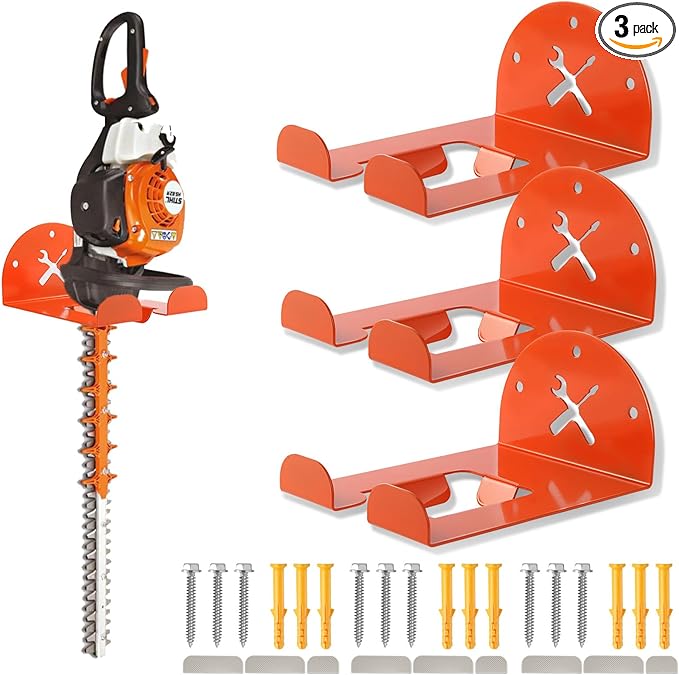 Upgraded Trimmer Rack Wall Mount - 8" Heavy Duty Weed Eater Hanger for Garage Wall, Garden Power Tool Holder Organizer Hooks for Grass Trimmer, Hedge Trimmer, Leaf Blower and Chainsaw, Orange, 3 Pack