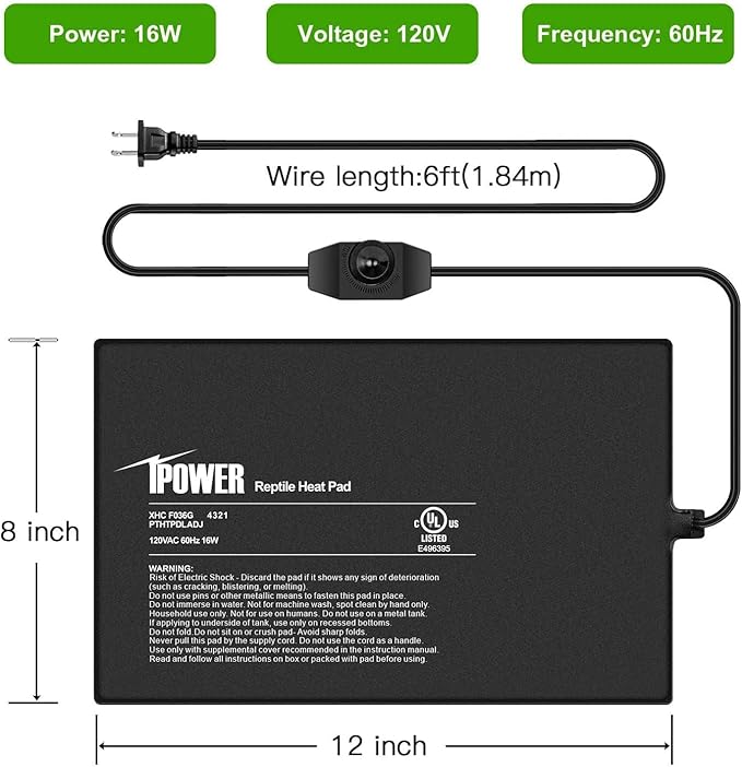 iPower 8 by 12 Inch Reptile Heating Pad with Temperature Adjustable Controller Knob, Under Tank Warmer Terrarium Heat Mat for Reptiles and Amphibians