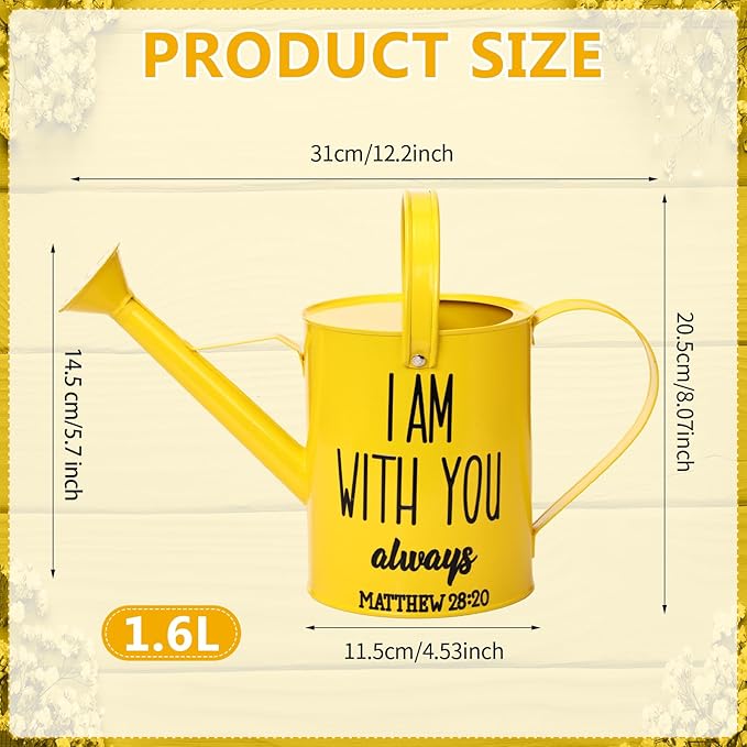 1. 6l Christian Galvanized Metal Watering Can with Inspirational Bible Verses Small Christian Religious Gardening Can Church Gift for Women for Outdoor House Indoor Plants(Yellow,1.6 L)