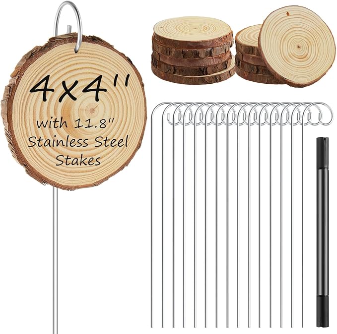 Hicarer 15 Set 4 Inch Large Wooden Plant Markers,15 Pcs Garden Stakes(11.8 Inch Tall) &1 Marker Pen, Garden Labels Tags Sign for Flowers Herbs Seed Vegetable, Hint: A Firm Push for Ideal Hang