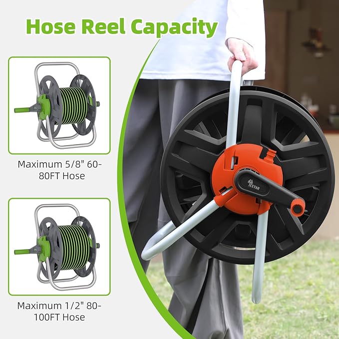 Water Hose Reel Cart, Holds 60-80 Ft of 5/8 Inch Hose, Orange Wall Mounted Garden Hose Cart, Portable Hose Reel for Convenient Storage and Watering