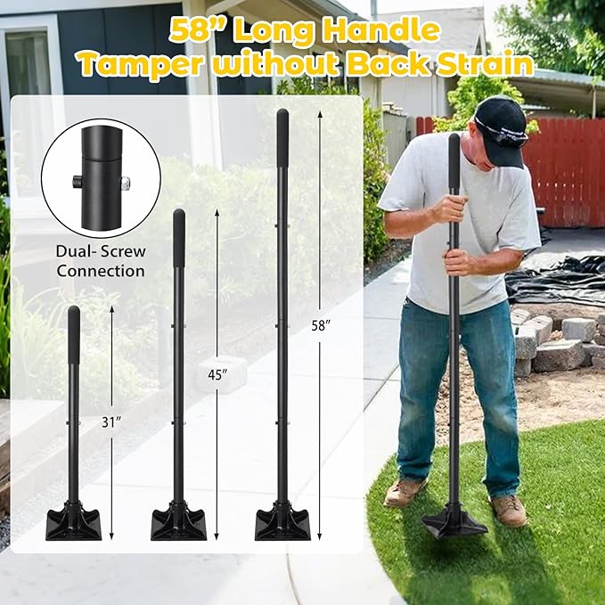 Tamper Tool: Heavy Duty 8"x 8" Steel Ground Tamper Tool for Garden Yard,58" Long Handle,Metal Hand Landscaping Tampers for Dirt,Soil,Concrete,Asphalt,Driveway Repairing,Pathway Ground Leveling