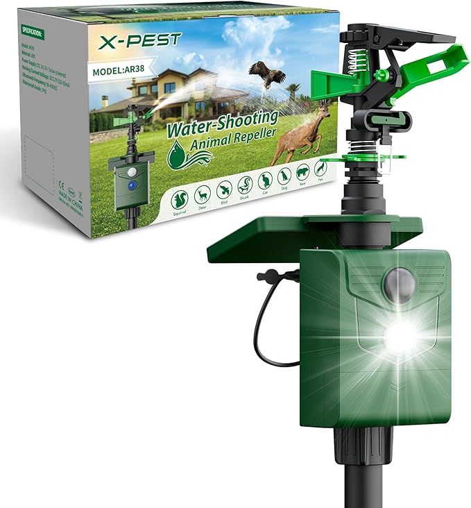 X-PEST Motion Activated Solar Powered Animal Repeller with Water Sprinkler, IP65 Waterproof Outdoor with Flashing Light, Deter Foxes Skunks Dog Raccoons from Garden