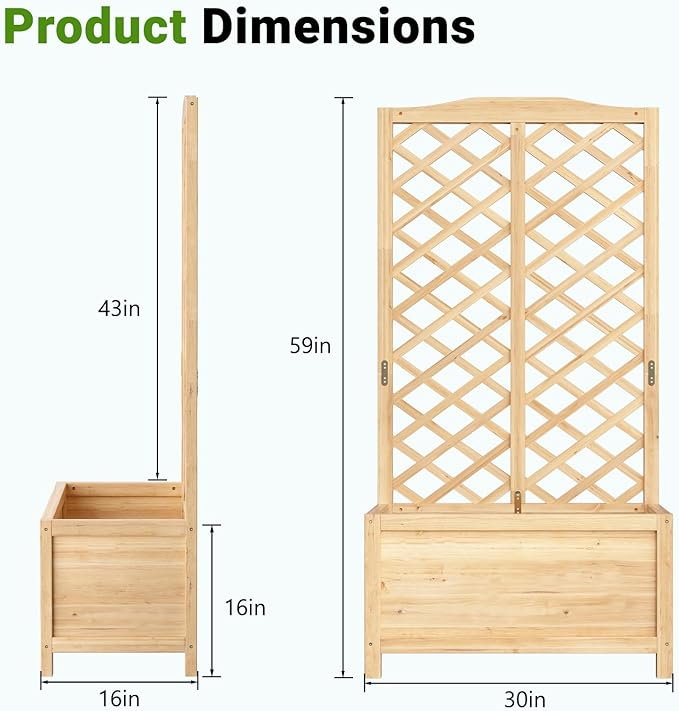 DoCred Raised Garden Bed with Trellis, 30" L x 16" W x 59" H Elevated Freestanding Planter Box for Climbing Plants, Outdoor Wooden Privacy Screen with Garden Box for Backyard Patio Balcony Decor