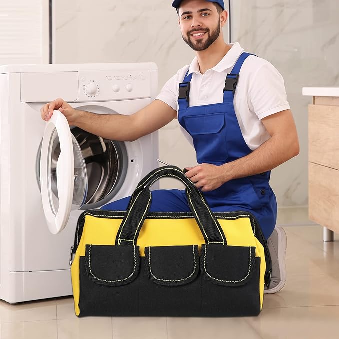 Sanwuta 3 Pack Tool Bag for Men with Waterproof Hard Bottom, Heavy Duty Tool Bag Wide Mouth Tote for Various Instrument, Electrician Carpenter Mechanic(Yellow,16 Inch,Classic)