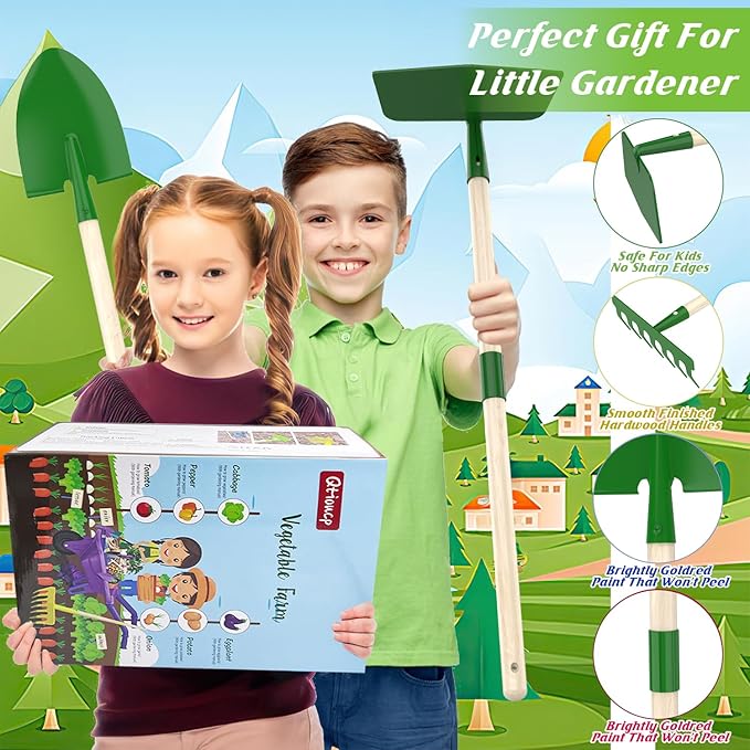 Qtioucp Kids Gardening Tools Outdoor Toys Set Backyard Play with Wheelbarrow Educational STEM Learning Pretend Toys Outdoor Indoor for Toddlers Kids Boys Girls