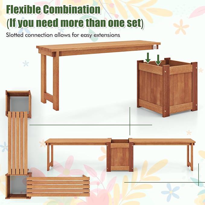 Giantex Set of 2 Outdoor Bench with Raised Garden Beds, 4-in-1 Wood Seat with Teak Oil Finish, Planter Boxes with Open-Ended Base, Garden Bench Seat for Porch Balcony Lawn Yard, DIY Assembly
