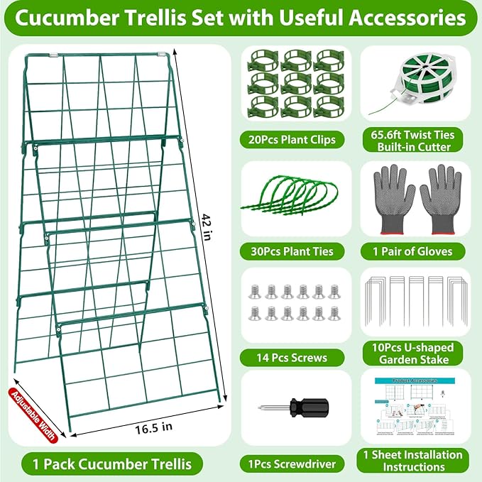 ROADPLUM Cucumber Trellis for Raised Garden Bed, Outdoor Sturdy Metal A-Frame Cucumber Trellis Support for Climbing Plants Vegetables and Fruits with Accessories, Easy installation and Easy Harvesting