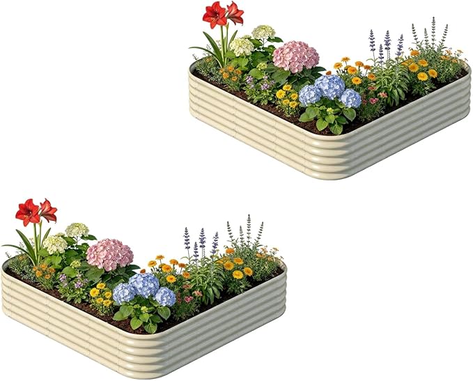2-Pack L-Shaped Metal Raised Garden Bed 7x7x1.5 ft, 18" Tall Galvanized Steel Corner Raised Garden Bed for Vegetables & Flowers, Modular Outdoor Raised Planter Box - Sand Beige