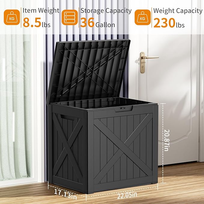 36 Gallon Deck Box Outdoor Storage Box, Waterproof, Lockable, Resin Outdoor Storage for Garden Tools,Indoor Cushions,Accessories Outside Storage Weatherproof Container(Black)