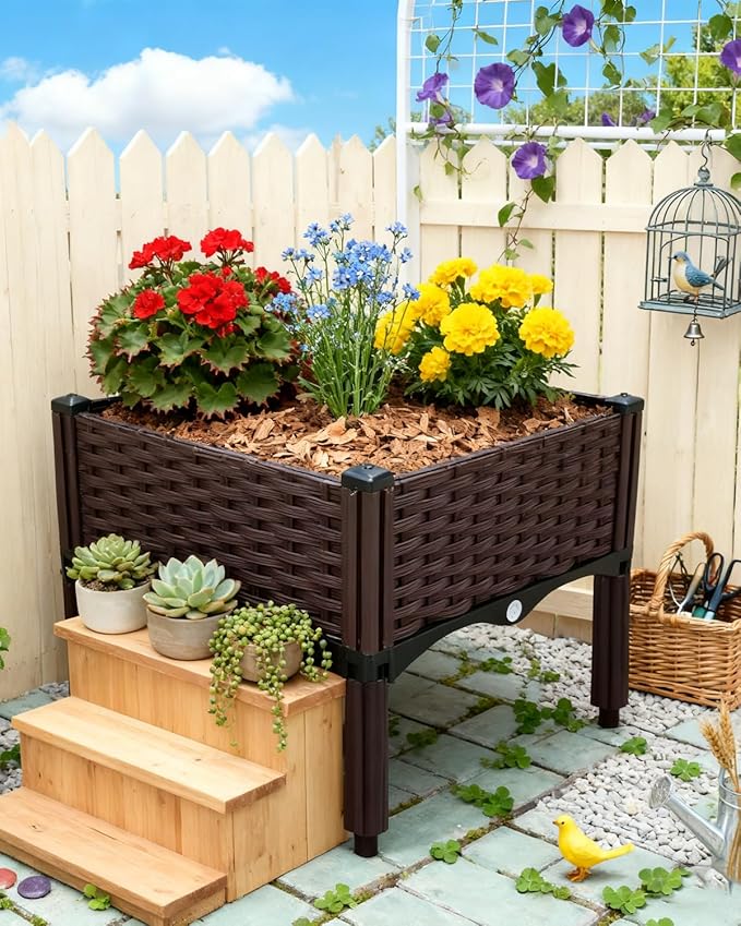 zeng Elevated Raised Garden Bed Planter with Drainage Holes – Reinforced PP Material, 15.7”x15.7”x15” for Vegetables, Flowers, Herbs – Patio, Deck, Balcony (1 Set)