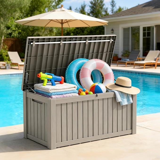 Mars Villa 120 Gallon Outdoor Storage Box, Resin Deck Box Waterproof for Patio Furniture Cushions, Pool Supplies, Gardening Tools, Weatherproof and UV Resistant, Greige