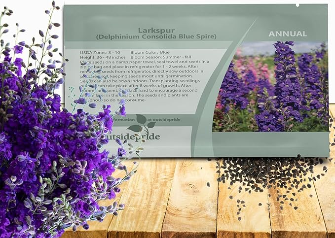 Outsidepride Delphinium Blue Larkspur Seeds for Planting Outdoors - 1000 Pcs Annual, Self-Seeding, Heat & Drought Tolerant Wildflower Seeds, Colorful Blooms for Flower Arrangement & Pollinator Garden