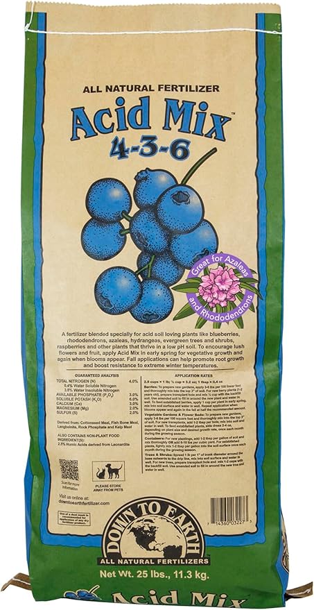 Down To Earth All Natural Fertilizers Organic Acid Mix - Plant Food for Blueberries, Raspberries, Azaleas and Rhododendrons 4-3-6, 25 lb