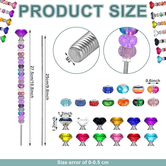 Tigeen 236 Pcs Garden Stake DIY Fairy Wand Plant Stake with 12 Colorful Crystal Stopper Top 12 Threaded Rod with 200 Large Hole Bead for Spring Summer Holiday Outdoor Decorations(Classic)