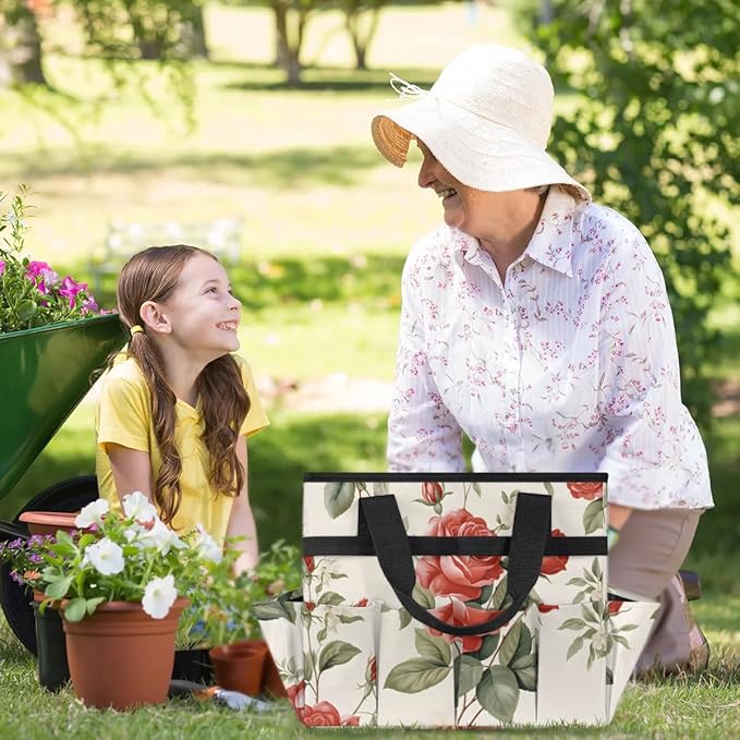 Garden Tool Bag Organizer Garden Tote Bag with Pockets Rose Pattern Tool Storage Organizer Gardening Tool Kit Holder 13" x 6.8" x 2.8"