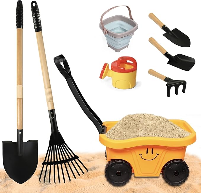 Todders Wheelbarrow Gardening Set, Kids Rake and Shovel Set for Dirt Digging, Garden Tools Equipment for Yard Outdoor Sandbox Summer Toys Gifts for Ages 2-5 Years