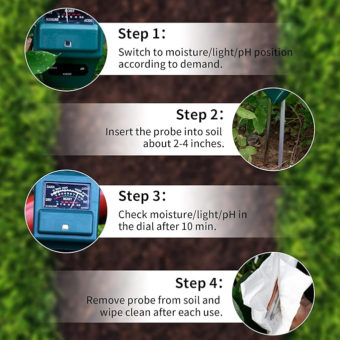 MEASUREMAN 3-in-1 Moisture/Light/pH Soil Tester, Gardening Tool Kits for Plant Care, Suitable for Indoor & Outdoor, Gardens, Lawn, Farms, Greenhouse, No Batteries Required