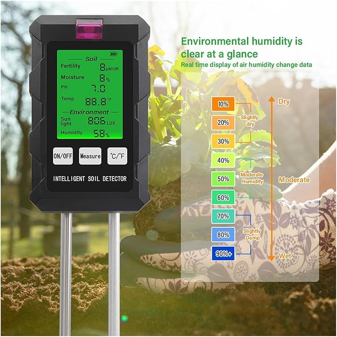 Soil PH Tester,Digital Soil Tester PH/Fertility/Moisture/Sunlight/Air Humidity/Temp Soil PH Meter for Gardening for Garden,and House/Outdoor Plants